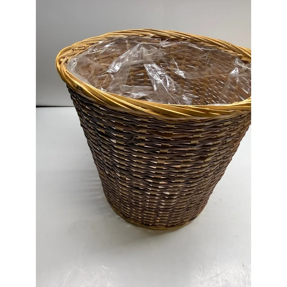 Woven Wicker Wastebasket Planter Two Tone Brown Tan Round Basket with Liner 10in